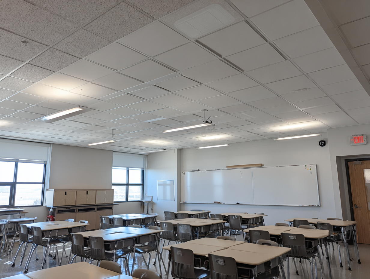 Empty K-12 classroom with acoustic drop ceiling tiles installed